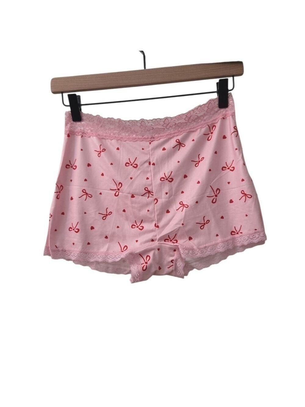 SHEIN Pink Bow Print Lace Trim Sleep Shorts Medium